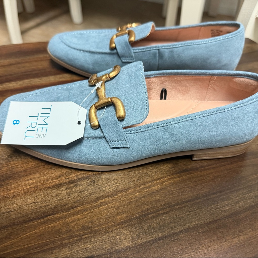 Time and Tru Light Blue Loafers with Gold Accent